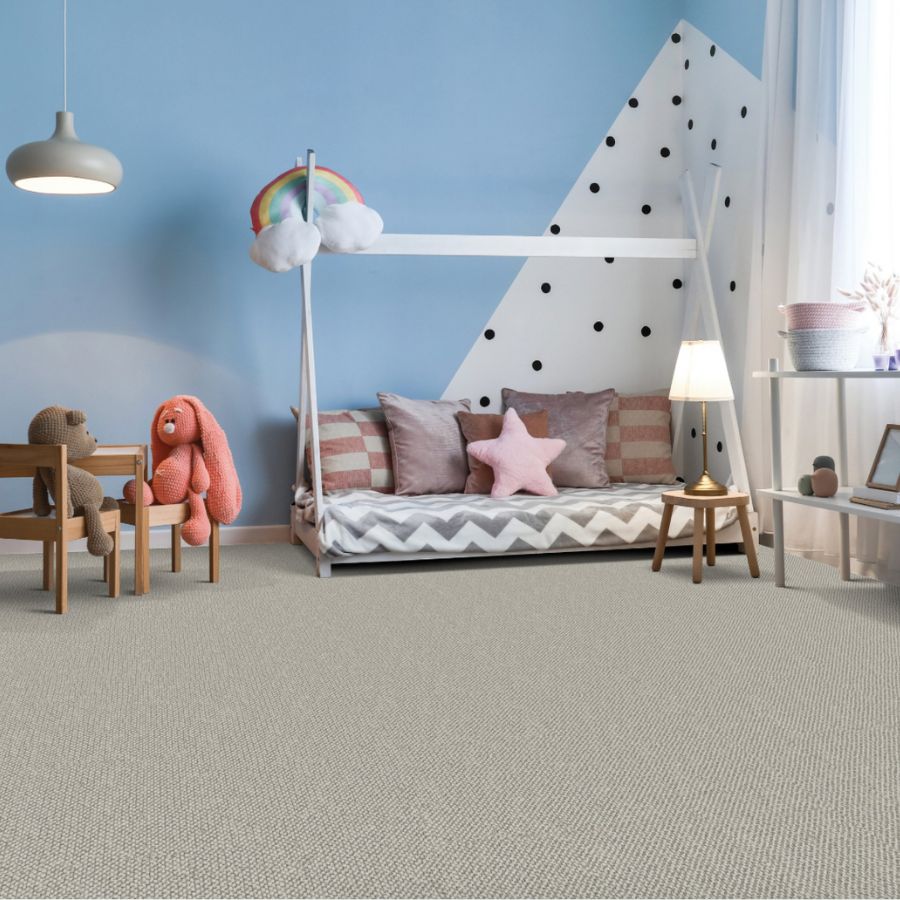 child bedroom, crip, carpet, pillows, stuff animal
